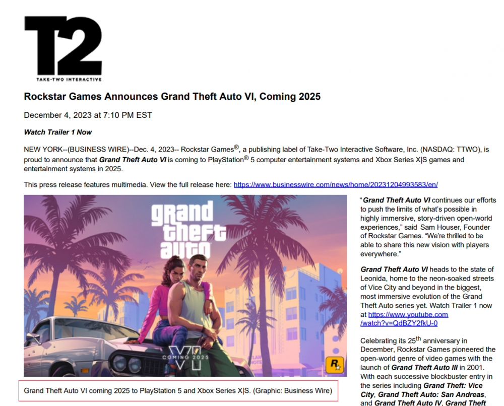 GTA6确认2025年登陆PS5和Xbox平台