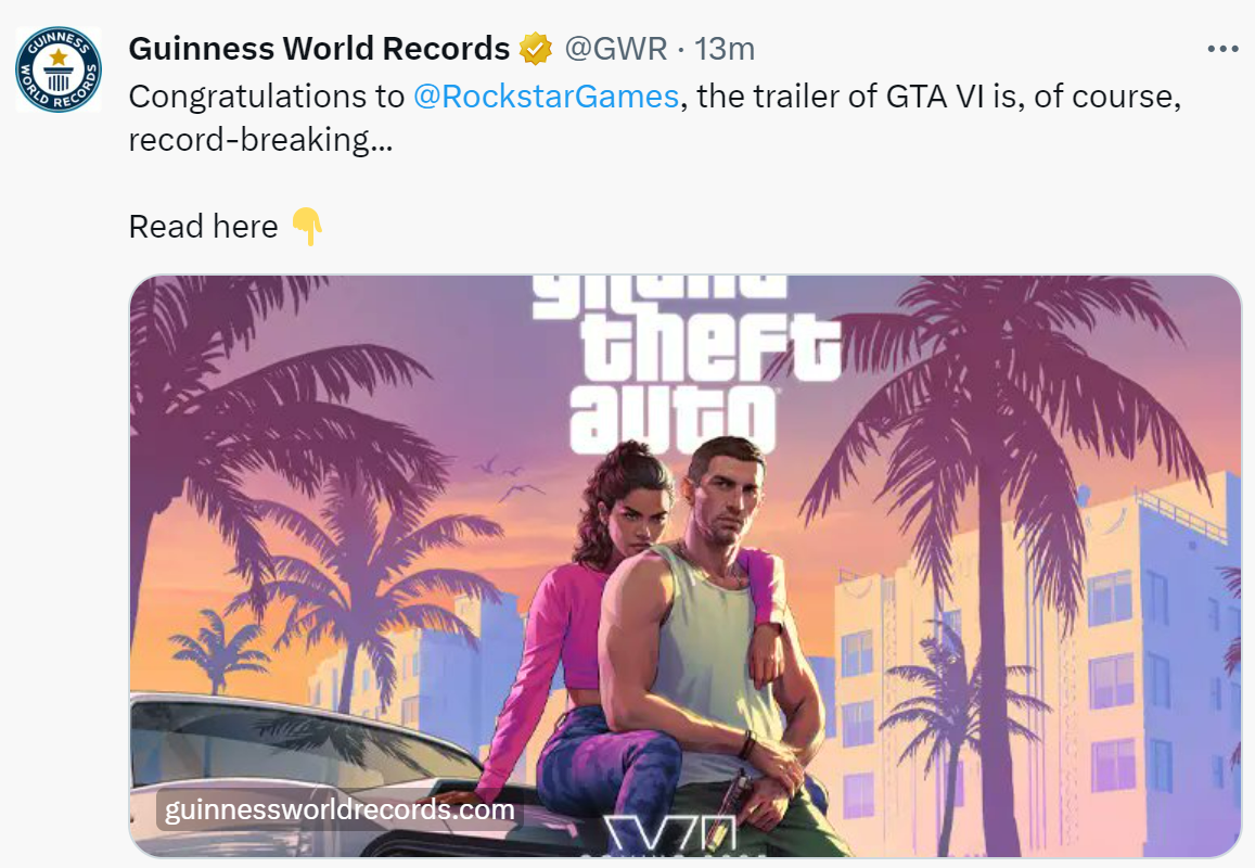 《GTA6》预告获吉尼斯认证 打破三项纪录